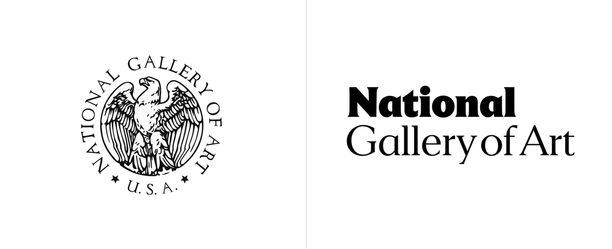 webcore_design's tweet image. The National Gallery of Art revamps its #brand #logo from a badge style featuring an intricate illustration of an eagle to just text.  'National' is oddly emphasized, though I like the font choice of the rest.  Both very patriotic logos expressed in different ways!