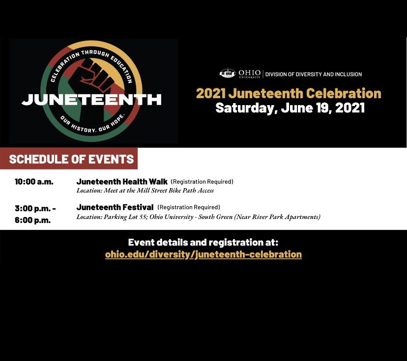 Ohio University will provide programming and activities to commemorate Juneteenth. Follow the link to find out more information! 

Register today ‼️

ohio.edu/diversity/june…