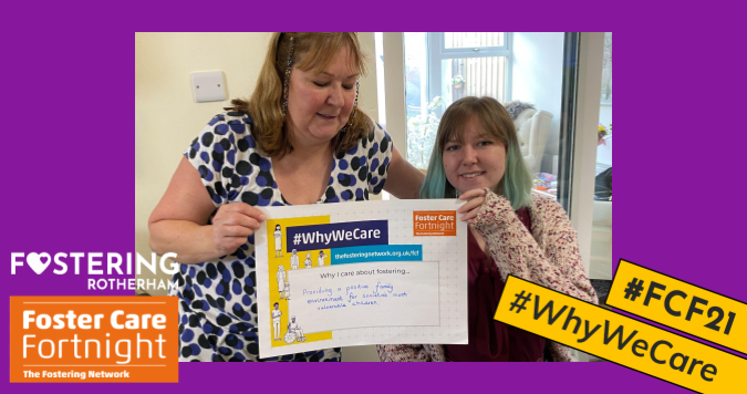 fosterrotherham's tweet photo. Foster Care Fortnight may be over, however we are still receiving photographs from our fabulous foster carers & #Fostering Team.
Foster carer Sharon and her daughter, Amy, share their @fosteringnet placard to show why they care about fostering.
#WhyWeCare #FCF21 #Rotherham https://t.co/7eSlIBufMD