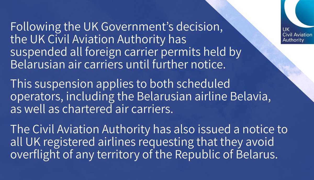 UK_CAA's tweet photo. The UK Civil Aviation Authority has published a statement regarding Belarus.

You can read the statement on our website at:
https://t.co/CtndqiCKdd https://t.co/Na9gW3M6hO