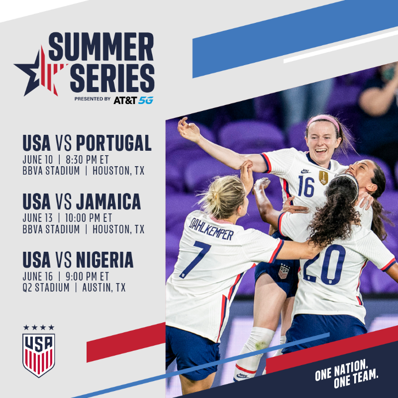 USWNT's tweet photo. Howdy and Happy Monday! 👋

Presale and general ticket information is now available for the WNT #SummerSeries pres. by @ATT 5G!