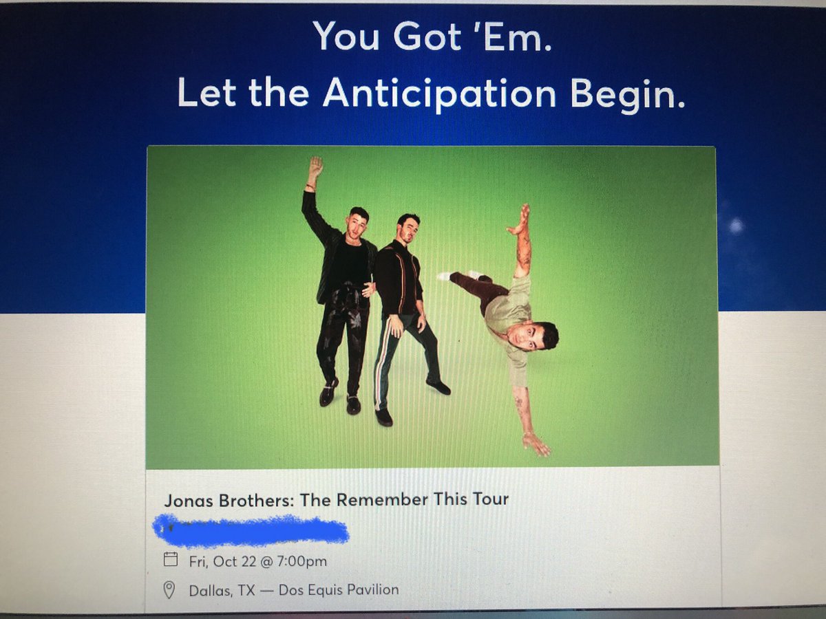 We got ‘em <a href="/alyssafdavis/">alyssa</a>!  Time to hang out with <a href="/jonasbrothers/">Jonas Brothers</a> again! From your first concert in Michigan in 2007 at the age of five to now as a 19 y.o. in Dallas.. always a fan!  Have fun!!!! #TheRememberThisTour #LetsRecreateThisMoment <a href="/nickjonas/">Nick Jonas</a> <a href="/kevinjonas/">kevin jonas</a> <a href="/joejonas/">J O E  J O N A S</a>