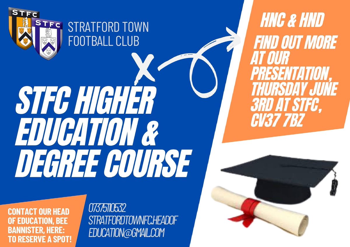 🎓Stratford Town Football Club offer a 3 year Higher Education &amp; Degree Course! 💻 
‼️We have an open evening planned for Thursday June 3rd with our Head of Education Bee Bannister where you can come down and take interest in Bee’s presentation about our course and enrol!‼️