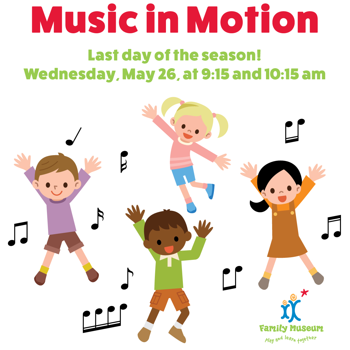 Make sure you stop by for our last day of Music in Motion for the season on Wednesday, May 26! This Drop-In is designed for little ones with an adult. Included with admission.