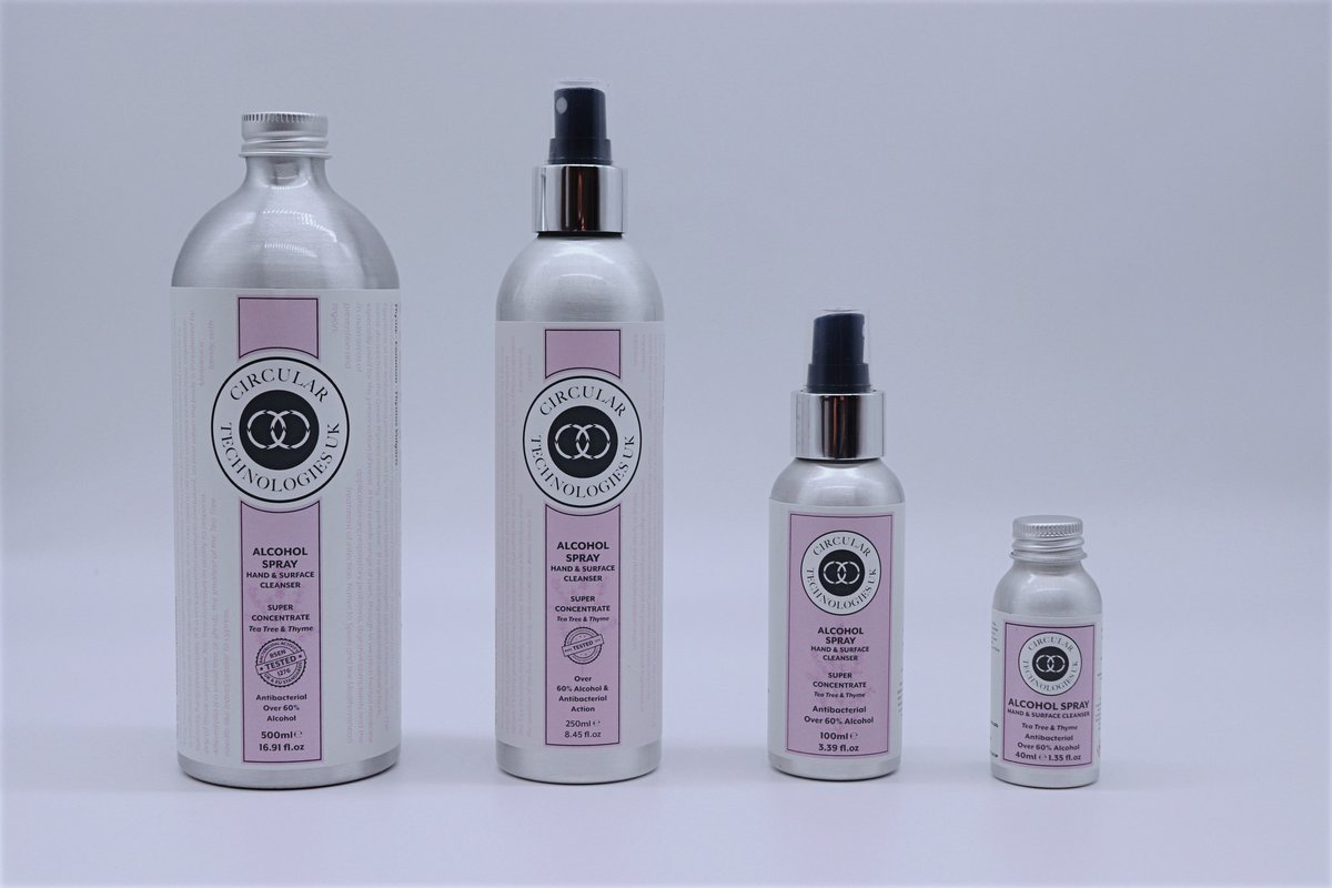 Our popular Alcohol Hand and Surface Spray  is available in the following sizes: 500ml, 250ml, 100 ml and 40ml which are all available for purchase on our website: 

circulartechnologies.co.uk

#SustainableSkincare #Somerset #SupportLocal