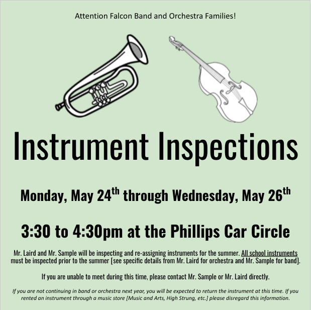 MrsJThomason's tweet photo. @PMSFalcons Instrument Inspections happening May 24th-May 26th! https://t.co/jJME3pwI5t
