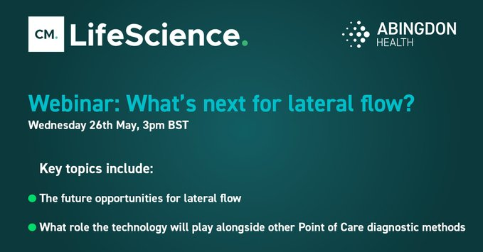 Abingdon_Health's tweet photo. 2 days to go until Abingdon Health joins #CMLifeScience's webinar: What is Next for Lateral Flow?
When: Wednesday 26th May, 3pm BST 10am EDT
Find out more and register your attendance: https://t.co/XLNmt8hGND
#LateralFlow #Webinar https://t.co/T9dmNH7guu