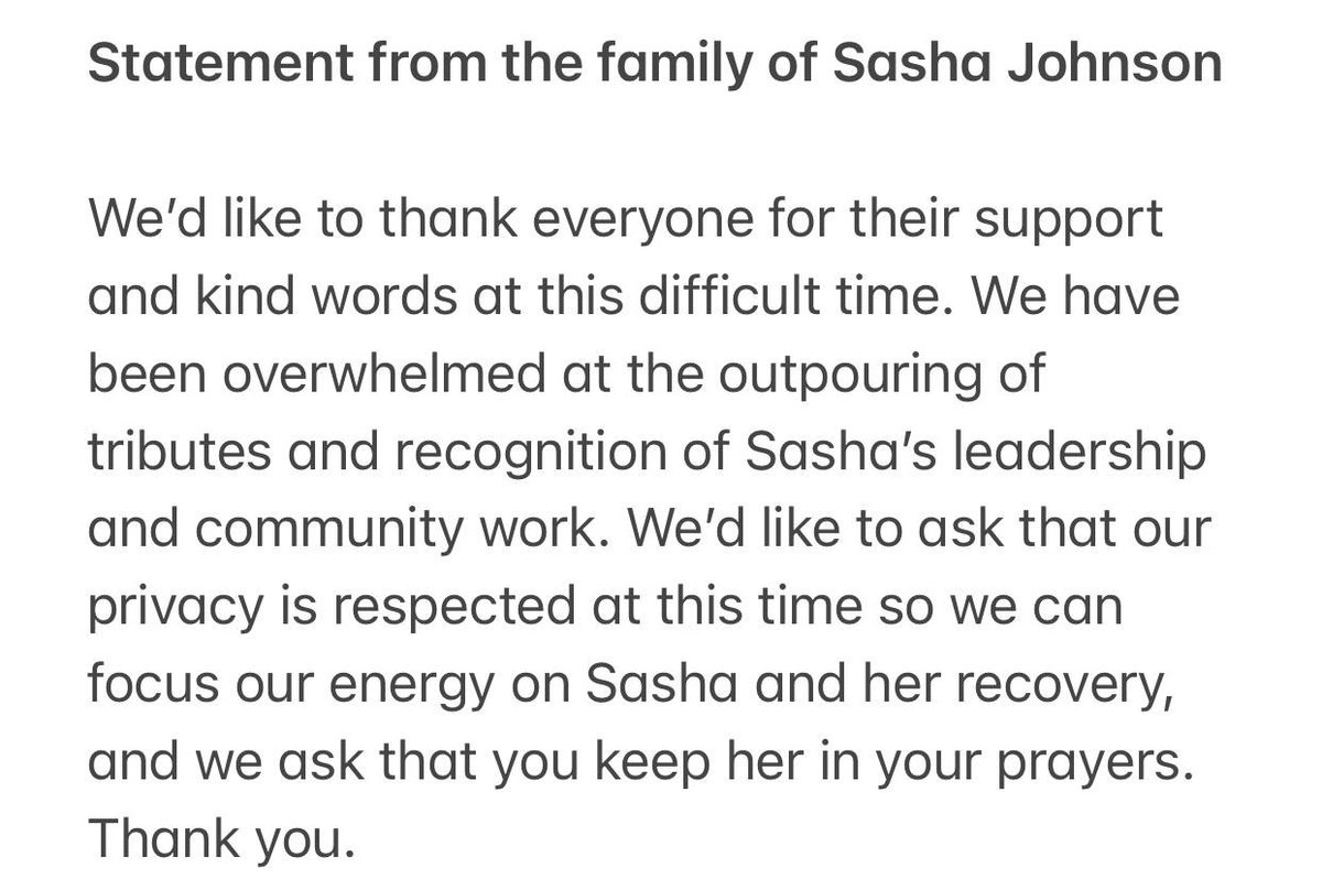 Statement from Sasha Johnson’s family, our thoughts are with them and especially her young children at this difficult time.

Please share widely.