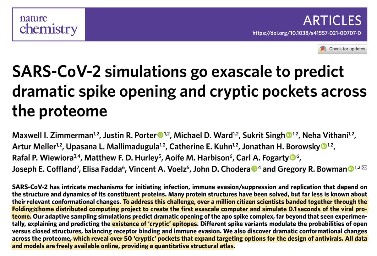 EricTopol's tweet image. An amazing 5★ story @foldingathome: over 1 million citizen scientists worked together to discover hidden antigen pockets of the #SARSCoV2, broke exascale, created the most powerful supercomputer on the planet
nature.com/articles/s4155… @NatureChemistry