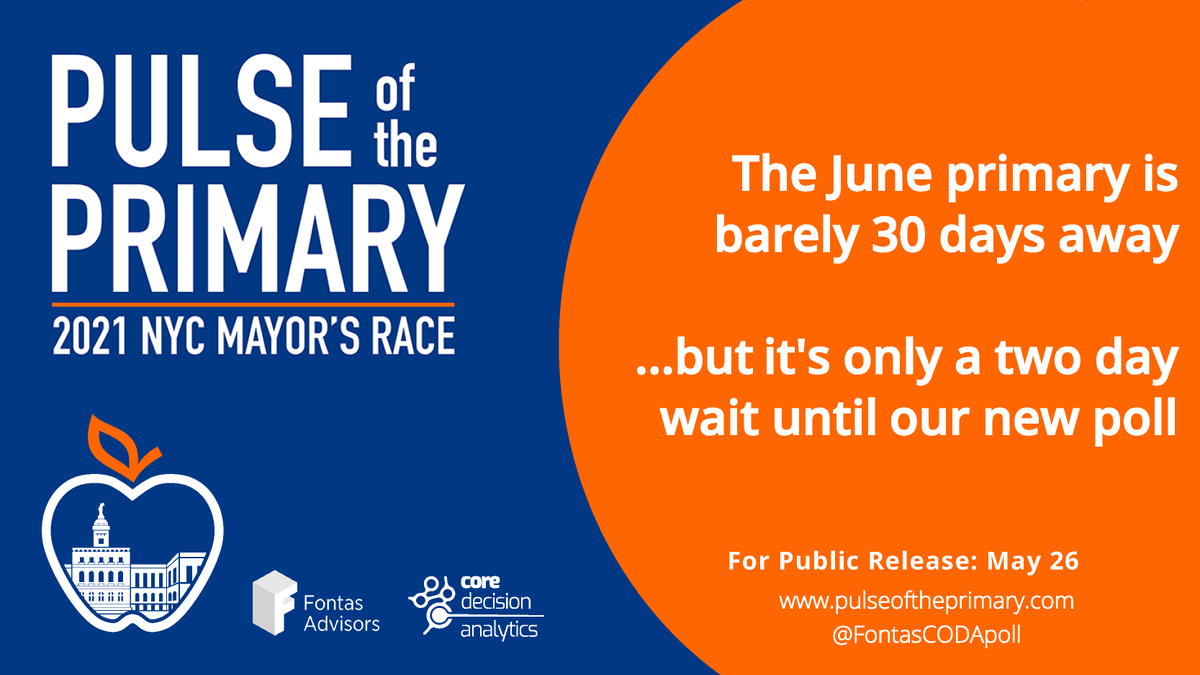 The June primary is barely 30 days away, but it's only a two day wait until our new poll <a href="/FontasCODApoll/">Pulse of the Primary: 2021 NYC Mayor's Race</a> #PulseOfThePrimary <a href="/FontasAdvisors/">Fontas Advisors</a> @CoreDecision #election #poll #nycmayor