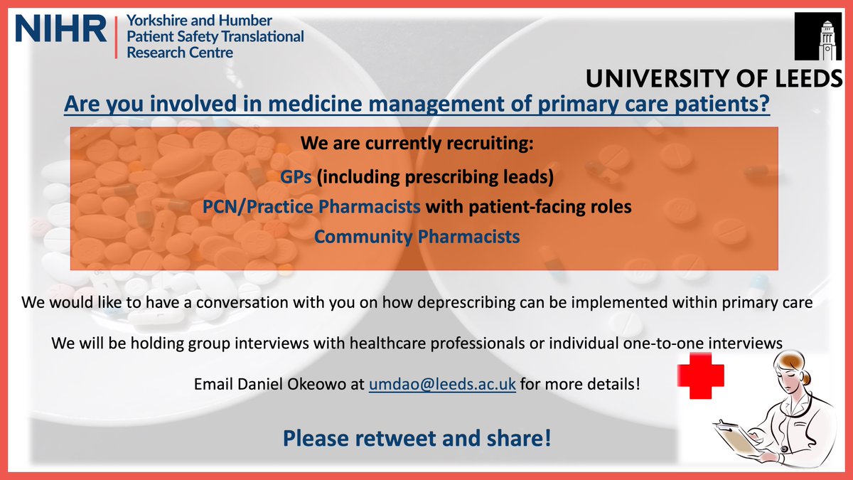 We are now recruiting GPs, PCN/Pharmacists and Community Pharmacists to our study! Come &amp; have a say on how deprescribing should be implemented in to primary care 💊💊Please email umdao@leeds.ac.uk if interested! @MedicinesDavid <a href="/BethFylan/">Beth Fylan</a> <a href="/tabishzaid/">Tabish Zaidi</a> @YH_PSTRC