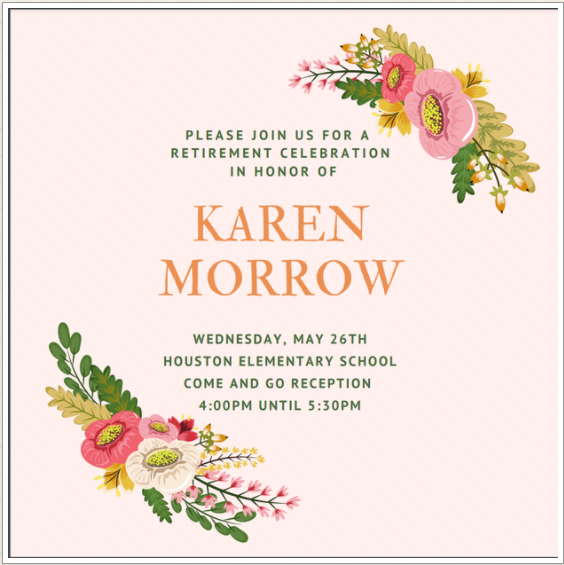 Join us on Wednesday afternoon to celebrate Mrs. Morrow!