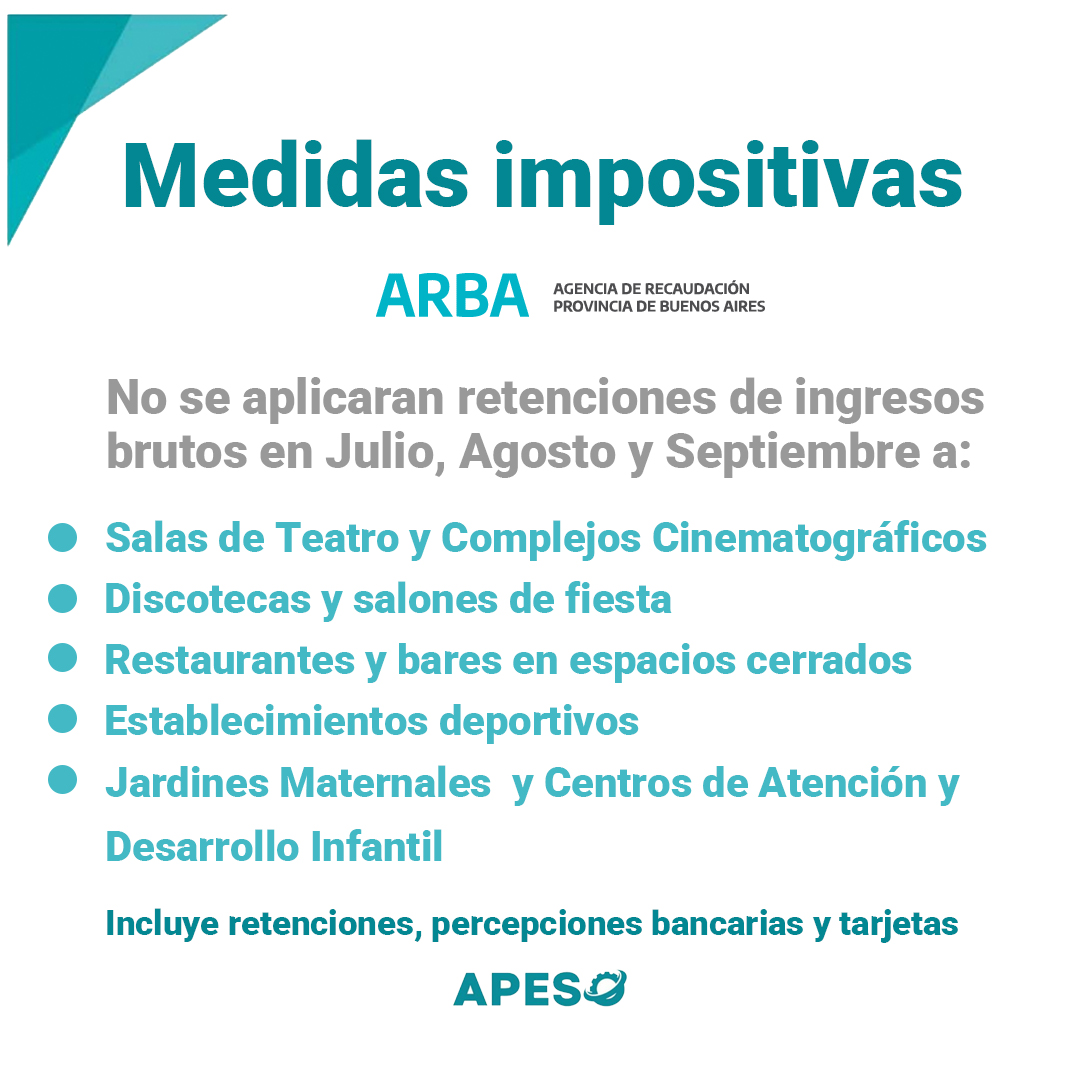 APESOAsoc's tweet photo. Nuevas medias de asistencia económica ante la pandemia.
#ARBA
No se aplicarán retenciones de ingresos brutos en Julio, Agosto y Septiembre.
#ARBA
Plan de pagos para regularizar deudas vencidas.
Ampliación de preservar trabajo para el pago de salarios.
#APESO https://t.co/MLbnMLISSG