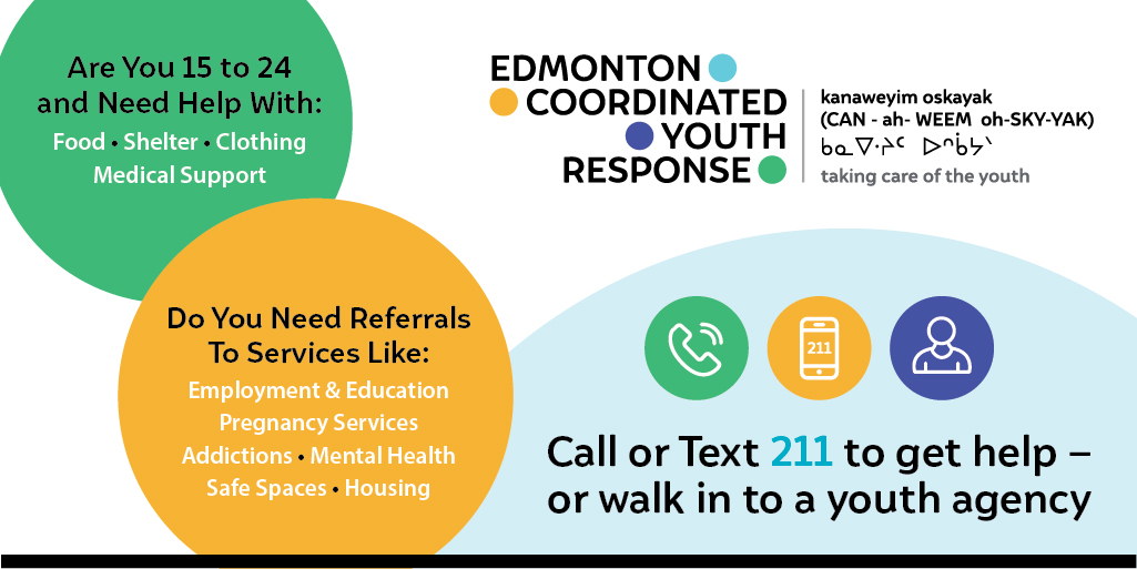 The Edmonton Coordinated Youth Response is up and running! If you or a youth you know need immediate assistance and/or referrals to resources, call 211 or walk in to a youth agency for help.