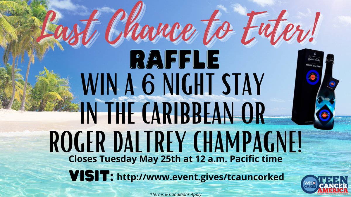 TeenCancerUSA's tweet photo. Raffle includes a chance to win a 6 night stay in the Caribbean, a bottle of Charles Orban Cuvee Roger Daltrey, a set of Pete Townshend guitar strings, &amp; more! Get your tickets here: https://t.co/9FDFRXLs8D Closes at 12 a.m. tomorrow Tuesday 5/24! https://t.co/5SrKcwAiTz