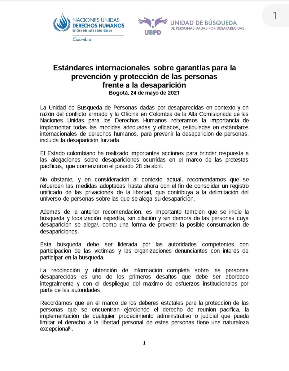 ONUHumanRights's tweet photo. #Comunicado Conoce aquí  Estándares internacionales sobre garantías para la prevención y protección de las personas frente a la desaparición en el marco de la protesta @ONUHumanRights y @UBPDcolombia  👇👇👇lee más aquí https://t.co/ZGoaajUaHF https://t.co/f3ApvfPexT