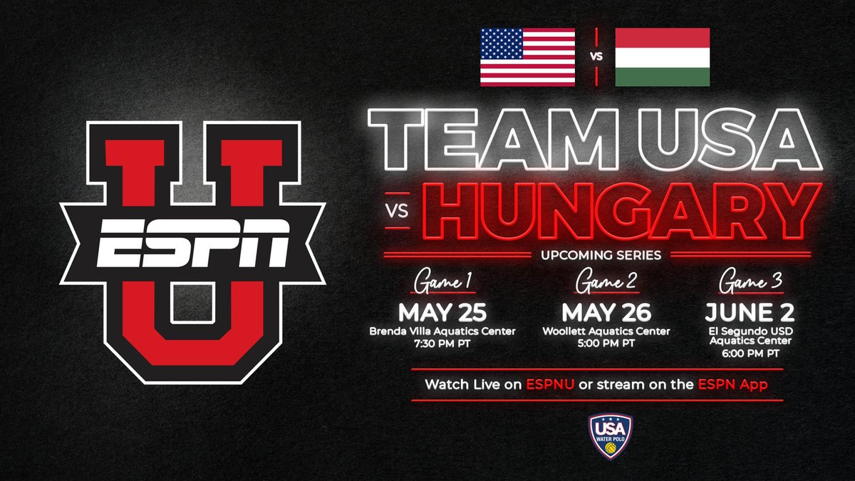 📢#WaterPolo On TV This Week!📺 The USA Water Polo Women's National Team will host Hungary in a three-game series starting tomorrow at 10:30pm et/7:30pm pt. All matches will air LIVE on ESPNU & stream LIVE on the @ESPN app. Don't miss it! 🤽‍♀️🇺🇸🇭🇺 More: usawaterpolo.org/news/2021/5/21…