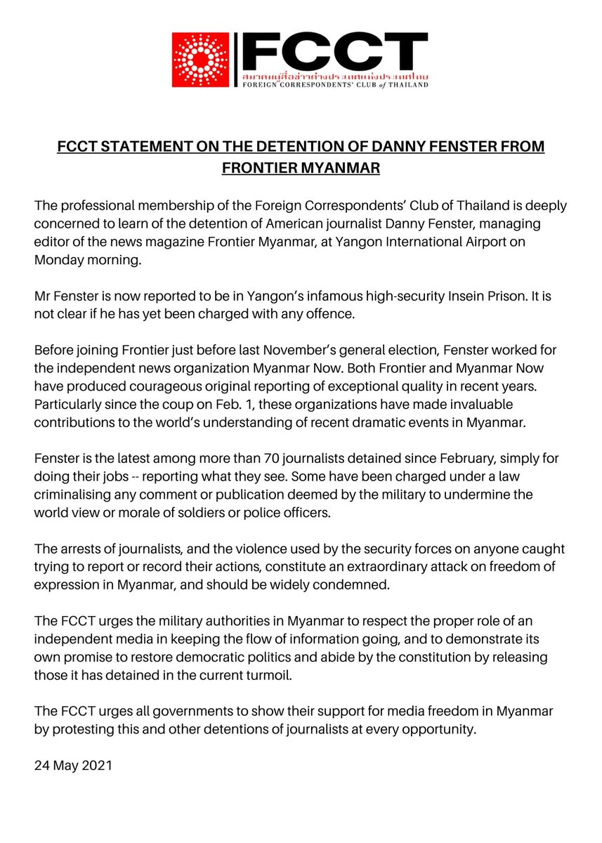 Find our statement on the detention of US journalist Danny Fenster by the military government in Myanmar today: #WhatsHappeningInMyanmar
