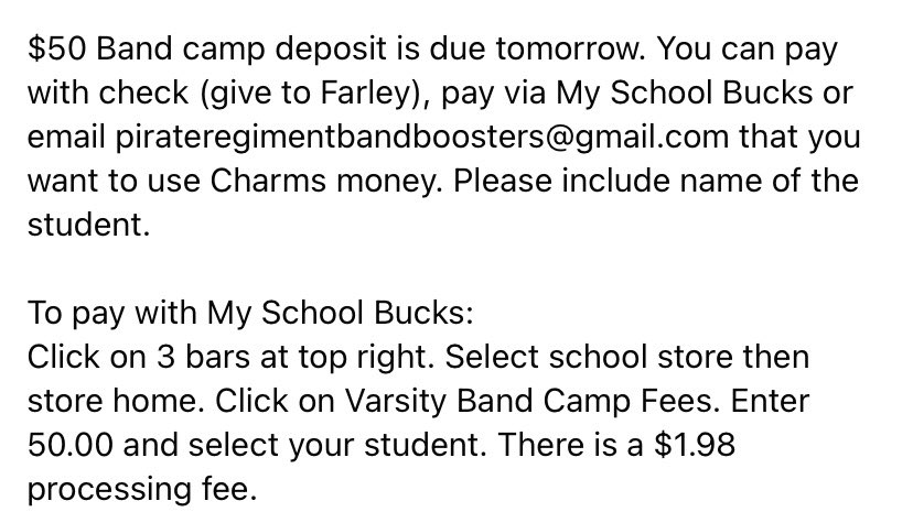 Band Camp information!
Deposits are due tomorrow. Don’t miss out!