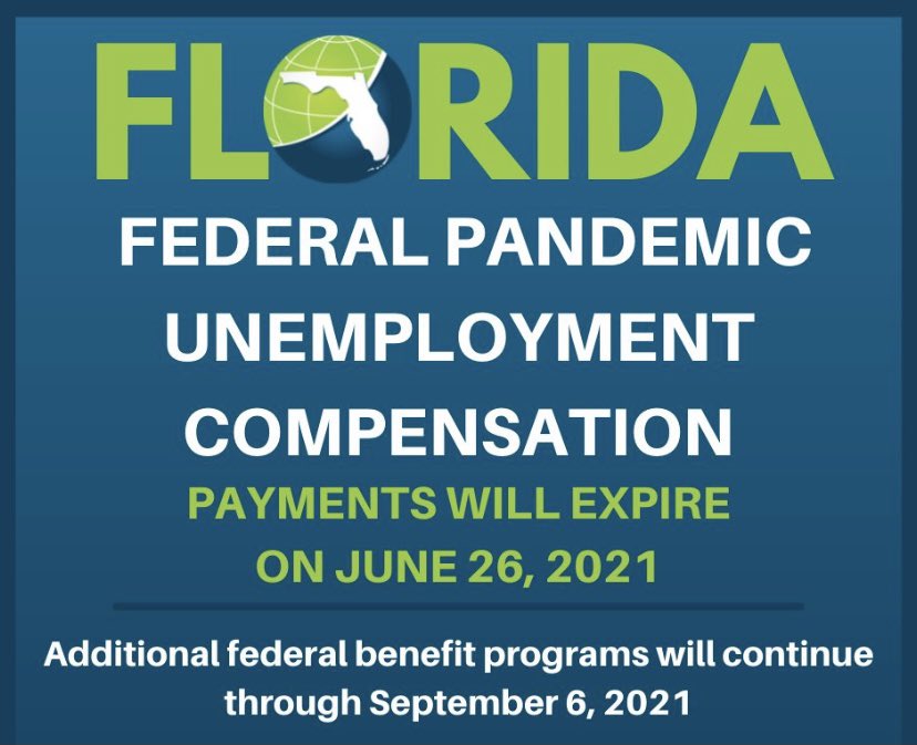 RepJoeCasello's tweet image. Florida will be ending our participation in the Federal Pandemic Unemployment Compensation will end on June 26th, 2021.

This will apply to the bonus weekly $300 in federal benefits those on the program currently receive.