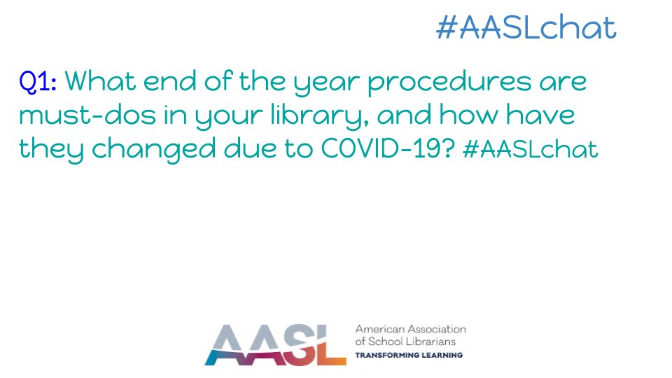 A1: End of the year procedures include inventory, weeding, and getting students excited about summer reading. This year we are sending all students home with a new book and fun summer activity ideas. Also, due to COVID-19, we are looking for ways to replace lost books! #AASLchat