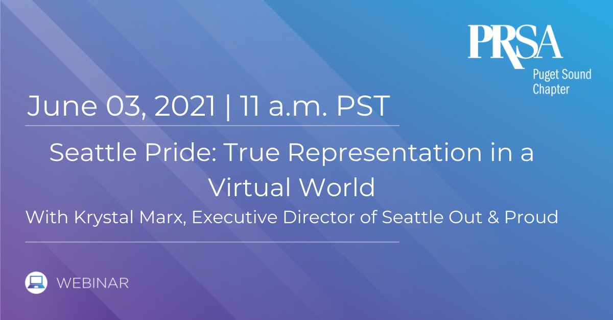 PRSAPugetSound's tweet photo. Join us Thursday, June 3 to hear how Krystal Marx, executive director of Seattle Out &amp; Proud, successfully shifted @OurSeattlePride to a virtual format. 🌈 Register today: https://t.co/41MeNFpCyH

#PRSA #pride2021 #SeattlePride https://t.co/iIFKfWo1xl