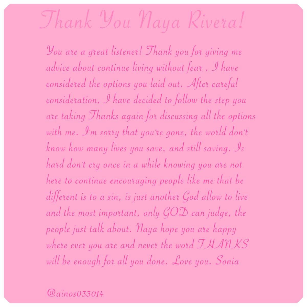 This is beautiful. Thank you for sharing. Naya loves you❤️

#nayarivera #ThankYouNayaRivera 

🙏🏻-Instagram User ainos033014