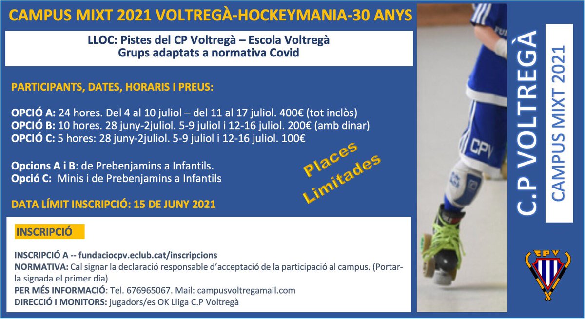 ⚪️🔵CAMPUS 2021🔵⚪️

🏑Aquest estiu viu el millor de l’hoquei patins amb el campus del Club Patí Voltregà i aprèn amb els jugadors i jugadores del primer equip!

✍🏻Inscripcions: fundaciocpv.eclub.cat/inscripcions

📆Del 28 de juny al 17 de juliol, tria la modalitat que prefereixis.

#Campus