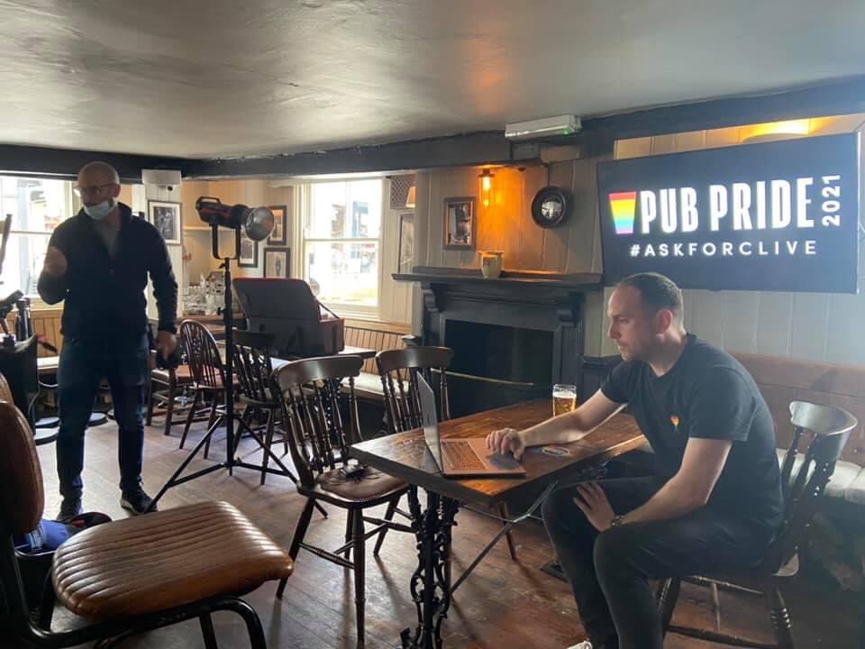 clive_ask's tweet photo. Today we dressed up The Boot, St Albans to shoot a promo video for Pub Pride 2021, happening Friday July 23rd. Thanks to Ask For Clive trustee / Boot and Dylan’s landlord Sean Hughes for making the effort. 

Updates to follow and registration going live this week! https://t.co/x2uSPXpff4