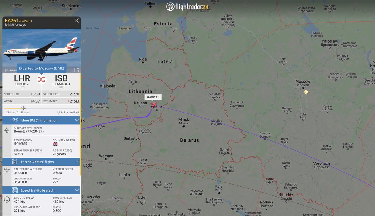 flightradar24's tweet photo. #BA261 now diverting to Moscow (possibly for additional fuel uplift, awaiting confirmation). https://t.co/HWvdqnRXKv https://t.co/mrZSodez8b