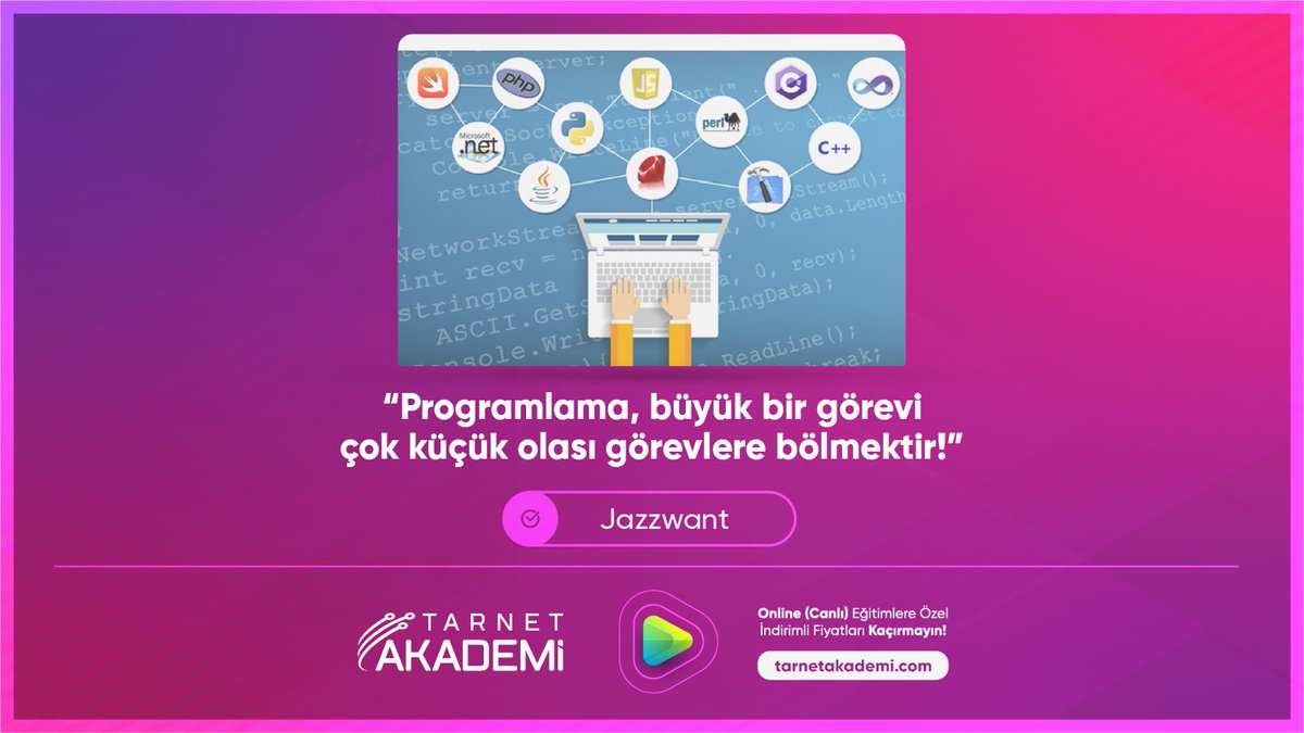 Programlama; belirli bir amaca ulaşmak için oluşturulan algoritmanın herhangi bir yazılım dilini kullanarak bilgisayar tarafından işlenmesine denir.

#eğitim #yazılım #bilişim #online