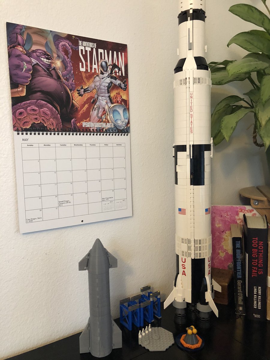 Ch2Mar2's tweet image. My lego Saturn V rocket, next to my 3D printed SN8, next to my Starman calendar! To Mars! @EliBurton_ @SpaceX @AdvOfStarman