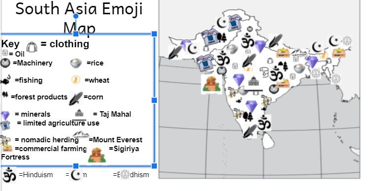jc4_ed's tweet photo. Examples of our Emoji/Icon Maps on Asian sub-regions. Will make some tweaks in the future, add our categories to the key, but happy for our first try. We researched & recorded exports, crops, resources, land use, landmarks & religions, then mapped! #teacherstrong #youcanmapthat https://t.co/WVg8brYFtg
