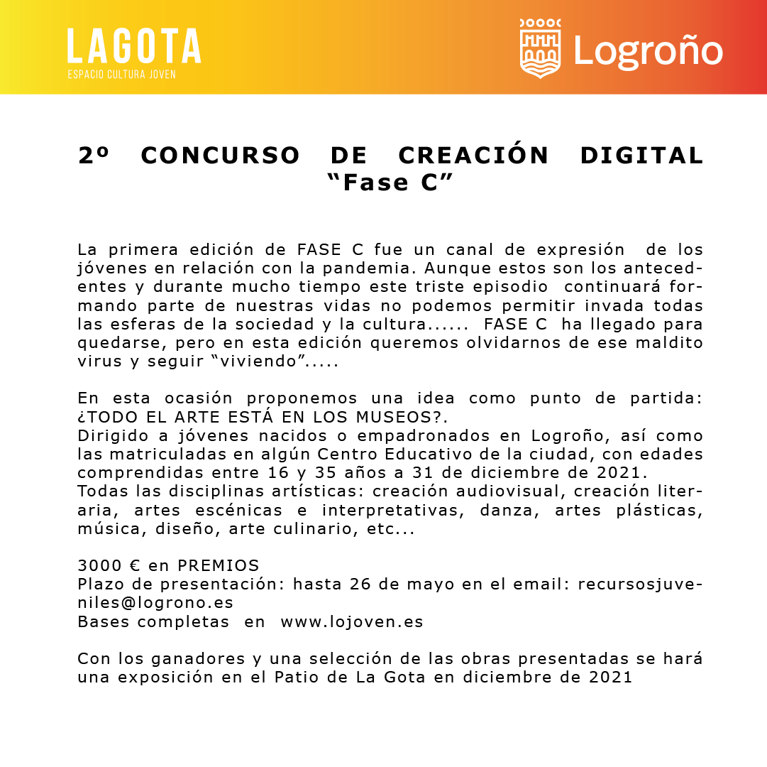 logronojoven's tweet photo. ⏳TIC TAC ⏳
#Concurso Creación #Joven #Digital #FaseC
𝗥𝗲𝗾𝘂𝗶𝘀𝗶𝘁𝗼𝘀
✅ nacidos o empadronados en #Logroño
✅ matriculados en Centro Educativo de #Logroño
✅ Jóvenes de entre 16 y 35 años (a 31 de diciembre de 2021)
➕ 𝕀𝕟𝕗𝕠 🔗
https://t.co/fDyzPvdLR9 https://t.co/5fLFEXTaSZ