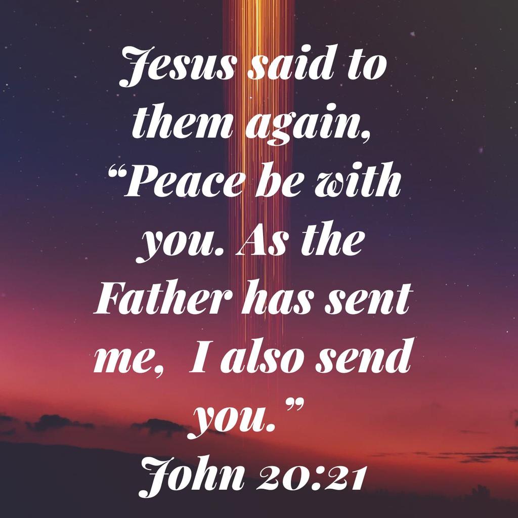 Jesus said to them again, “Peace be with you. As the Father has sent me,  I also send you.”
John 20:21 CSB

bible.com/bible/1713/jhn…