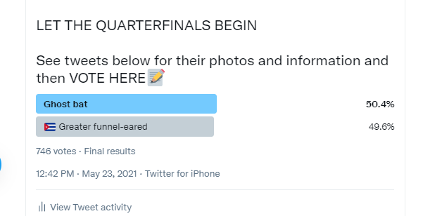 GiveBatsABreak's tweet photo. πVOTING CLOSEDπ
AKJHFOIUSROFJNAPSOIC
50.4% vs 49.6%!!!
The Ghost bat now snacks on the great french fry in the sky and moves on to the semifinals!!
#BWC2021 https://t.co/uBQ9ZY6brg