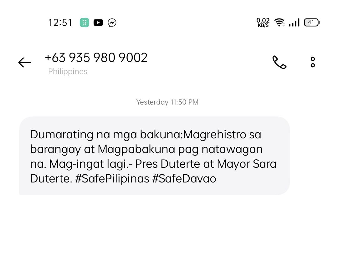 manifestatty24's tweet photo. So just last night, I was randomly messaged by this number about this, wherein I never gave my number to anyone π And I feel weird, at the same time disgusted politicizing vaccines with M@yor S@r@ Duturtle with hashtags pa #safedavao. Hoy taga Cebu ko π
π https://t.co/u1UEGsQnYn