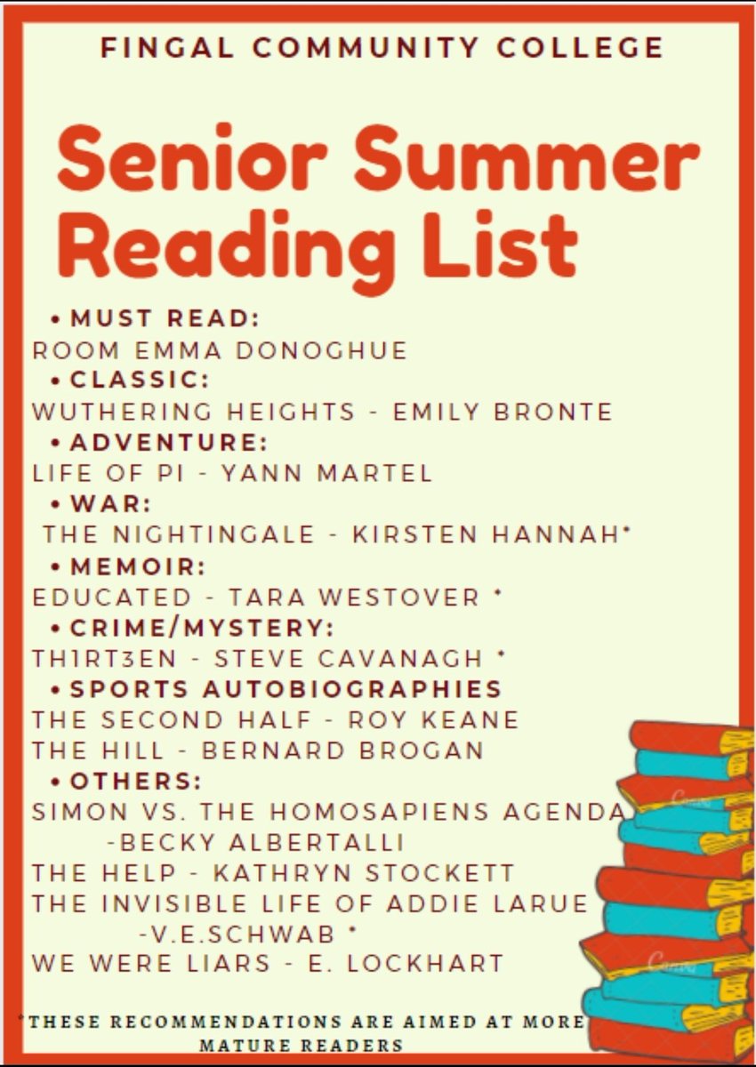 As we near the end of the school year we want to share recommended reading lists for our senior and junior students in @FingalCC Many thanks to fifth year students, Clara, Sarah and Rebecca for helping create the lists! Happy Reading everyone! #reading #books