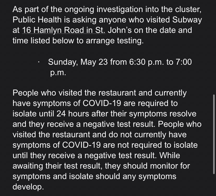 Potential covid exposure site in St. John’s: 

Anyone who visited Subway at 16 Hamlyn Road in St. John’s on Sunday (May 23rd) from 6:30-7pm is to arrange testing.

<a href="/NTVNewsNL/">NTV News</a> #covid19nfld