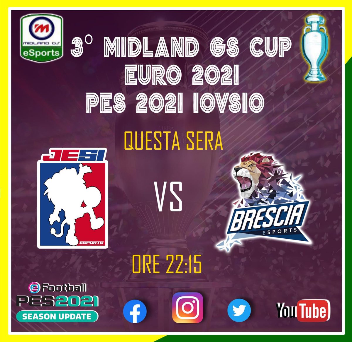 📆 MATCHDAY⚽️💪🦁

🏆#3 MIDLAND GS CUP euro 2021
🆚 <a href="/Brescia_eSports/">Brescia eSports</a> 
🕥22:15 CET
🎥 Live on “Jesi Esports TV Channel”
youtube.com/channel/UCeJ98…

 #OfficialPES #playstation
#eSports #proclub #10vs10