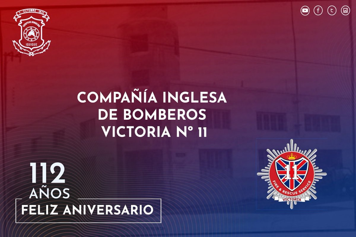 En nombre del Honorable Directorio General del Cuerpo de Bomberos de #Iquique damos un saludo a oficiales, Bomberos y aspirantes de la Compañía Inglesa de Bomberos Victoria N°11 de Iquique. Quienes hoy 24 de mayo cumplen 112 años de vida al servicio de la comunidad Iquiqueña .