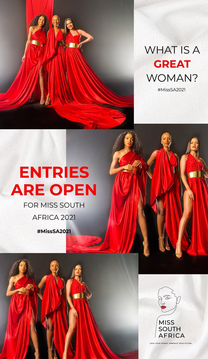 MISS SA 2021 ENTRIES ARE OFFICIALLY OPEN!
Entries will close at midnight on 24 June 2021.

Click on the link to enter: 
misssa.co.za/miss-sa-2021-e…

#MissSA2021 #FaceYourPower #EmbraceYourFuture