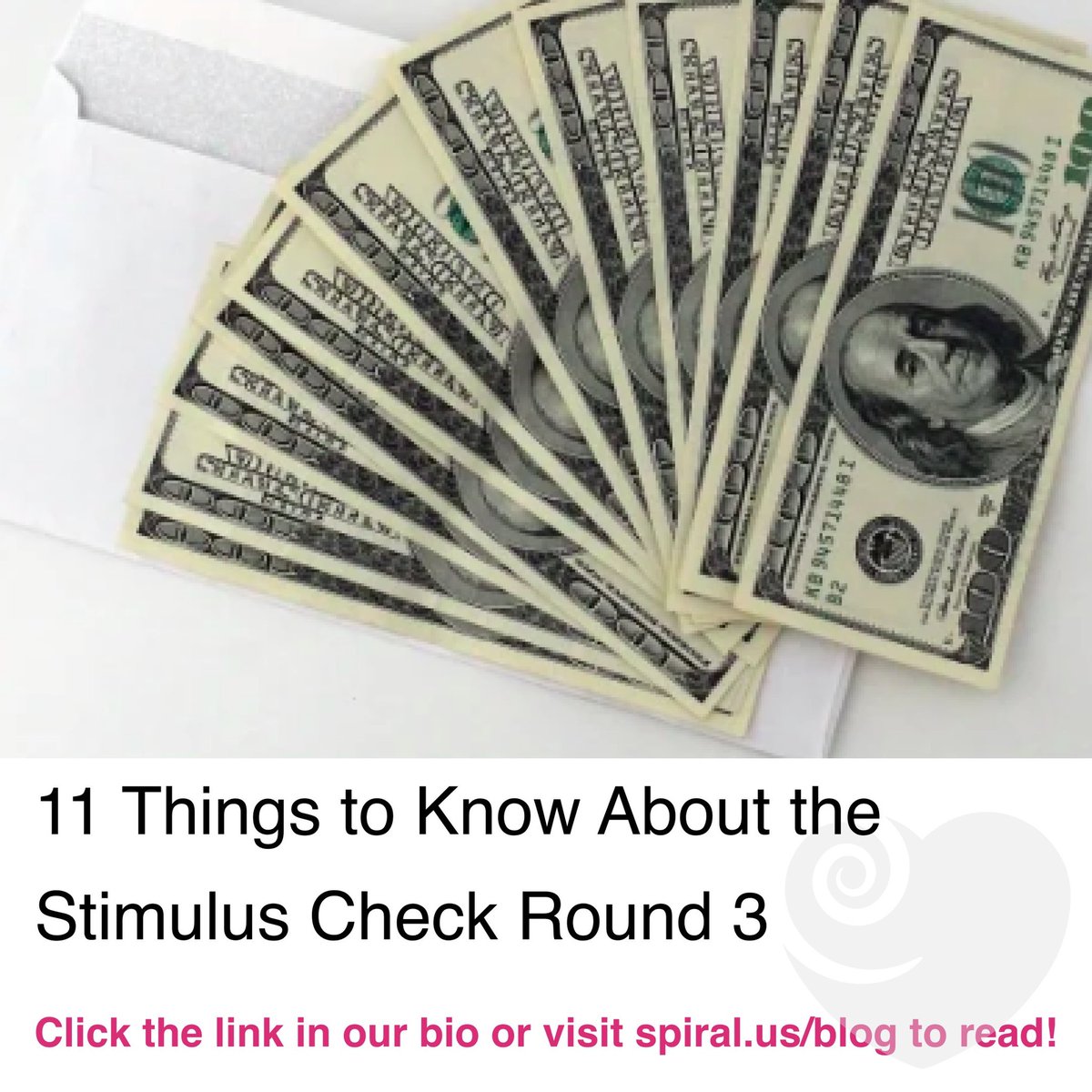 Spiralgives's tweet photo. Click the link in our bio or visit https://t.co/NWLU2NEf3S to read—> 11 Things to Know About the Stimulus Check Round 3💵💸 #spiralgives #spiraleffect #giveback #donate #GivingBack #nonprofit #blog https://t.co/ztwVTcrYEI