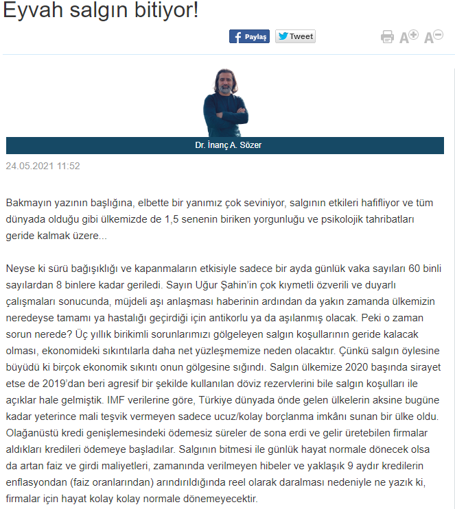 Dirilisborsa1's tweet photo. uzmanpara'dan Sayın dr. Sözer beyin yazısına yorum yapmak istiyorum.

 Sırf pandeminin bitişiyle başımızdaki sorunların yarısının kalkacağını düşünüyorum. Diğer yarısını da zamanla telafi edecek, toparlayacağız. Zira şuan ekonomik problemi olmayan bir ülke yok
#bist #borsa #hisse https://t.co/slTfteWrnL