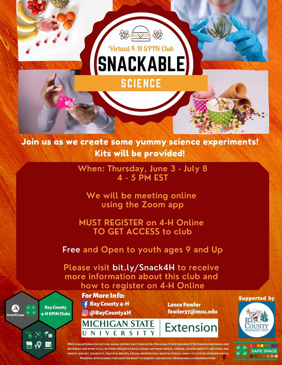 stemgreatlakes's tweet photo. Virtual Event: SNACKABLE SCIENCE - Learn about different science topics all with materials we can eat! Free kits will be provided to fully enrolled #BayCountyMI 4-H members. Ages 9 & up
LEARN MORE & REGISTER: https://t.co/mJf9tX4Sx4
Questions: email Lance at fowler37@msu.edu. https://t.co/NQbfOafErO