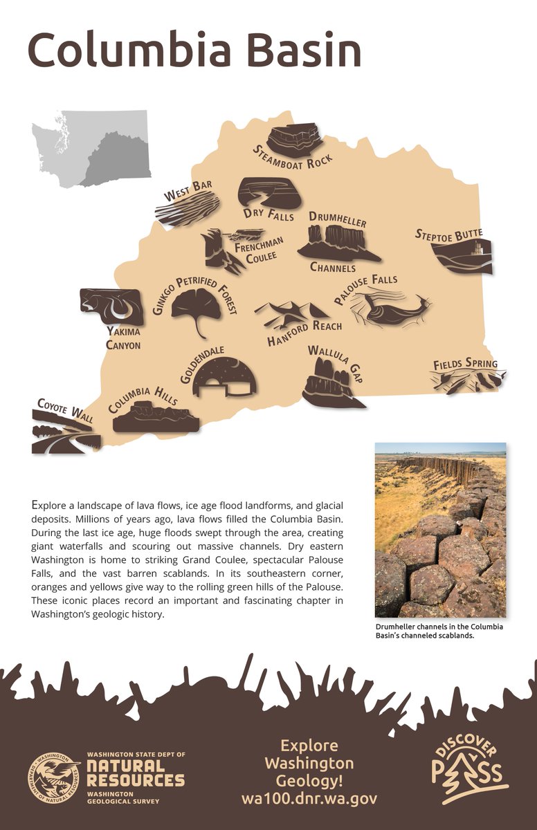waDNR's tweet photo. The geology of the Columbia Basin tells the story of fire and ice - landscapes formed from lava flows, ice age floods and glacial deposits. Explore this #Washington100 region: https://t.co/YnmJY81i4S https://t.co/CtYbAG2OuP