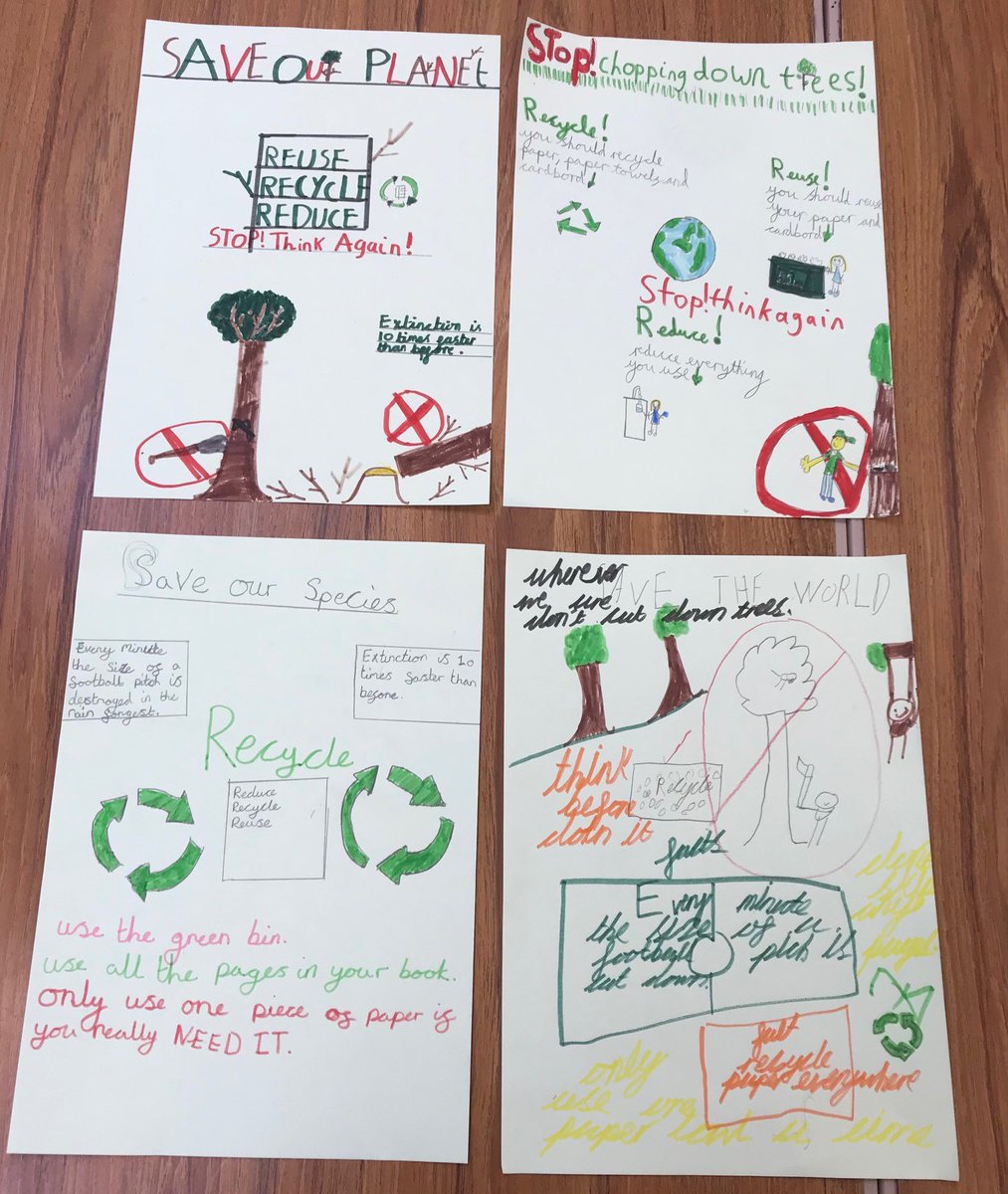 StAmandsPrimary's tweet photo. Inspired by our science lesson on endangered animals in the Rainforest., Hedgehogs Class wanted to share the message of how we can protect the environment and save certain species from extinction. the message is clear: Recycle, Reuse and Reduce #year4science https://t.co/myDJBvfv8E