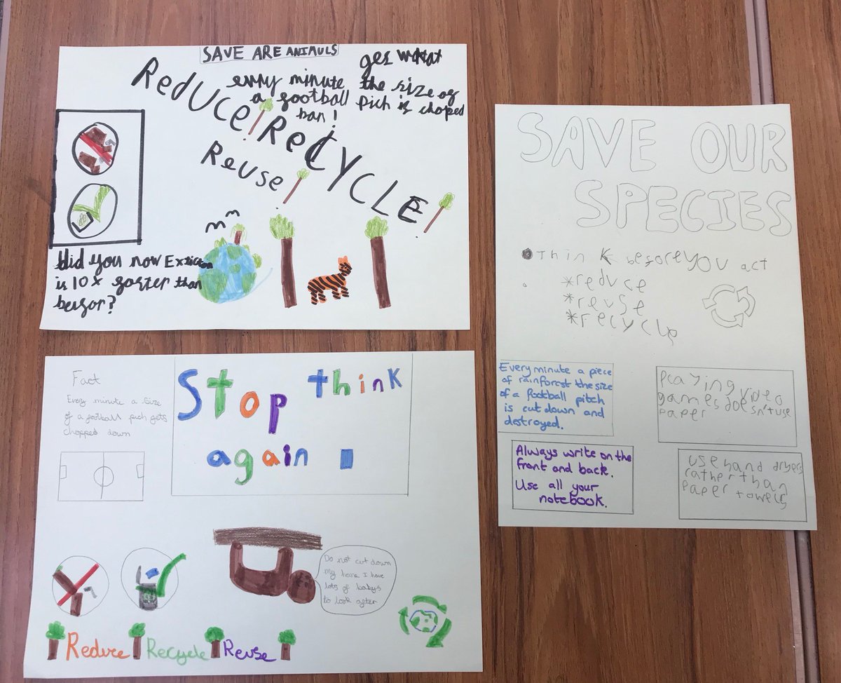 StAmandsPrimary's tweet photo. Inspired by our science lesson on endangered animals in the Rainforest., Hedgehogs Class wanted to share the message of how we can protect the environment and save certain species from extinction. the message is clear: Recycle, Reuse and Reduce #year4science https://t.co/myDJBvfv8E