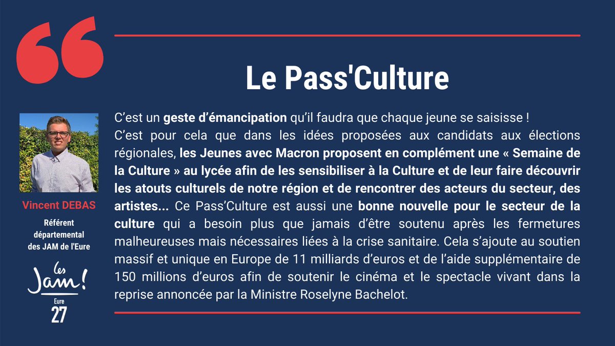 JeunesMacron27's tweet photo. Depuis juin 2020, les @JeunesMacron défendent la généralisation du #PassCulture pour tous !
✅300€ à 18ans pendant 2ans
➡️janvier 2021: 25€/an &amp; 50€/an de la 4ème à la Terminale.
👌Soit 500€.

📌Un geste d'émancipation que chaque jeune doit se saisir ! Merci @EmmanuelMacron ! https://t.co/Sft63XZcUk