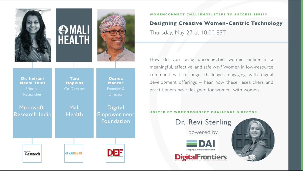 Our 4th and final WomenConnect Challenge "Steps to Success" webinar explores designing women-centric technology -- So excited to host Indrani Medhi Thies, Mali Health, and Osama Manzar! This is not one to miss! 

Register at app.livestorm.co/dai/success?ty…